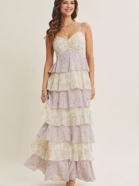 Romantic Floral Tiered Maxi Dress With Ruched Bust
